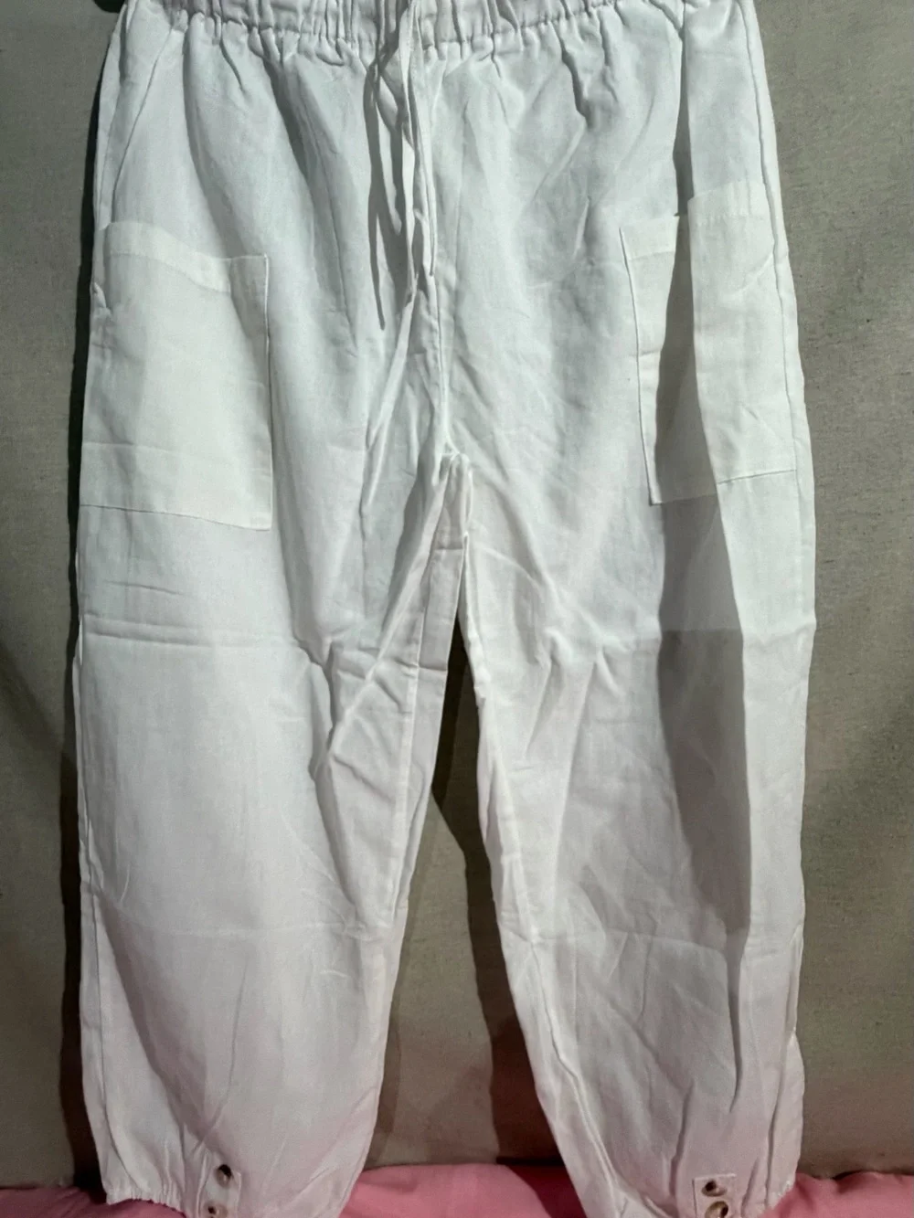 Women size XL White Linen Drawstring Cargo Pants - Casual Relaxed Fit